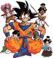 Titelheld Son-Goku mit Sohnemann und einigen Kumpels